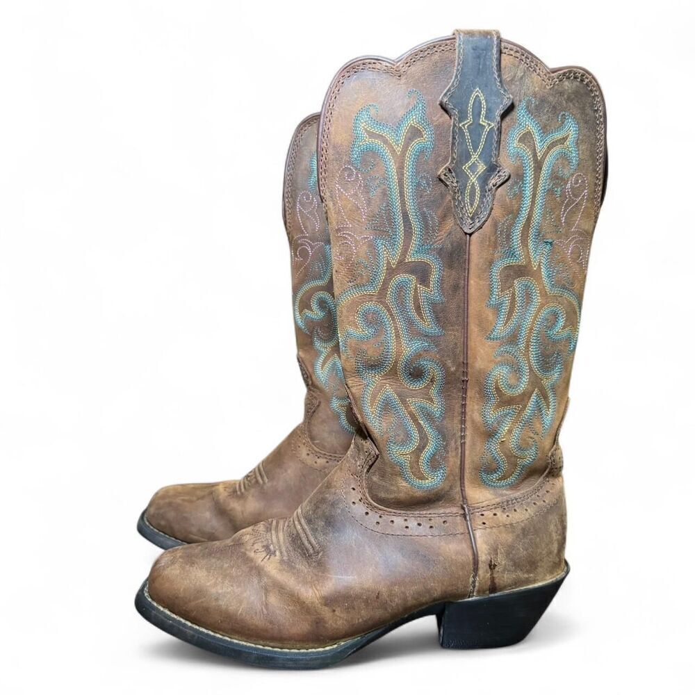 Justin Women's 12" Square Toe Stampede Western Cowboy Brown Boots size 7.5